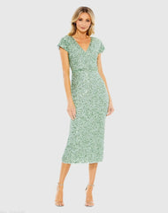 Sequined Cap Sleeve Wrap Over Cocktail Dress