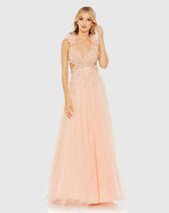 Pink Embellished Ruffle Shoulder Cut Out A Line Gown