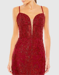Red Embellished Plunge Neck Illusion Mermaid Gown