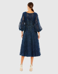 Navy Embellished Plunge Neck Bishop Sleeve Dress