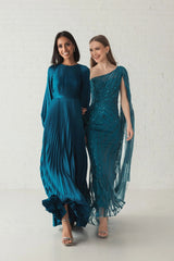 Blue Pleated High Neck Raglan Long Sleeve Side Slit Gown