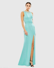 Blue Sleeveless Rhinestone Collar Column Gown