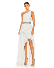 White Pleated One Shoulder Asymmetrical Ruffle Hem Gown