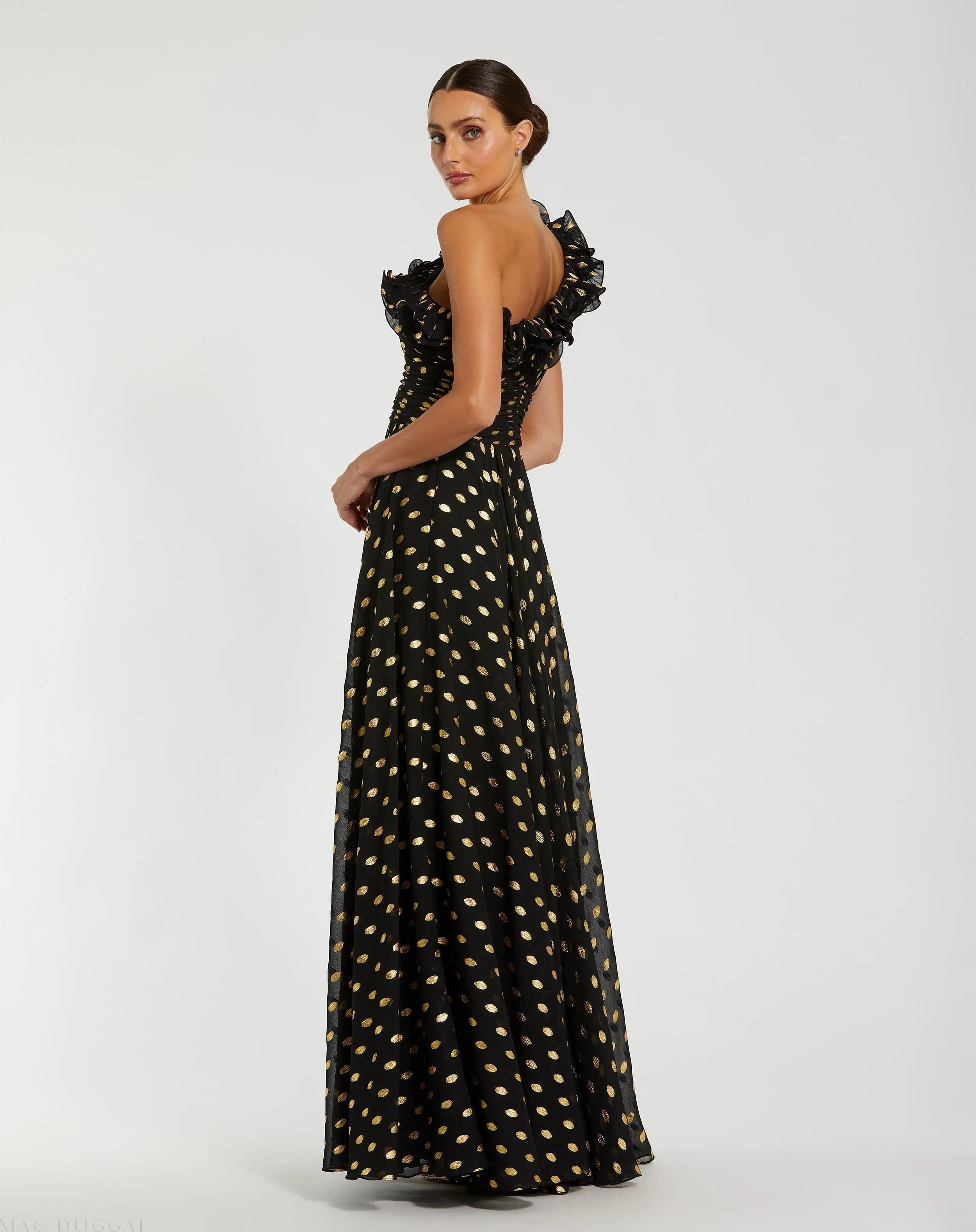 Black One Shoulder Ruffle Chiffon Gown With Slit