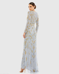 Gray Long Sleeve Beaded Evening Gown