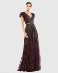 Dark Purple Sequined Wrap Over Ruffled Cap Sleeve Gown