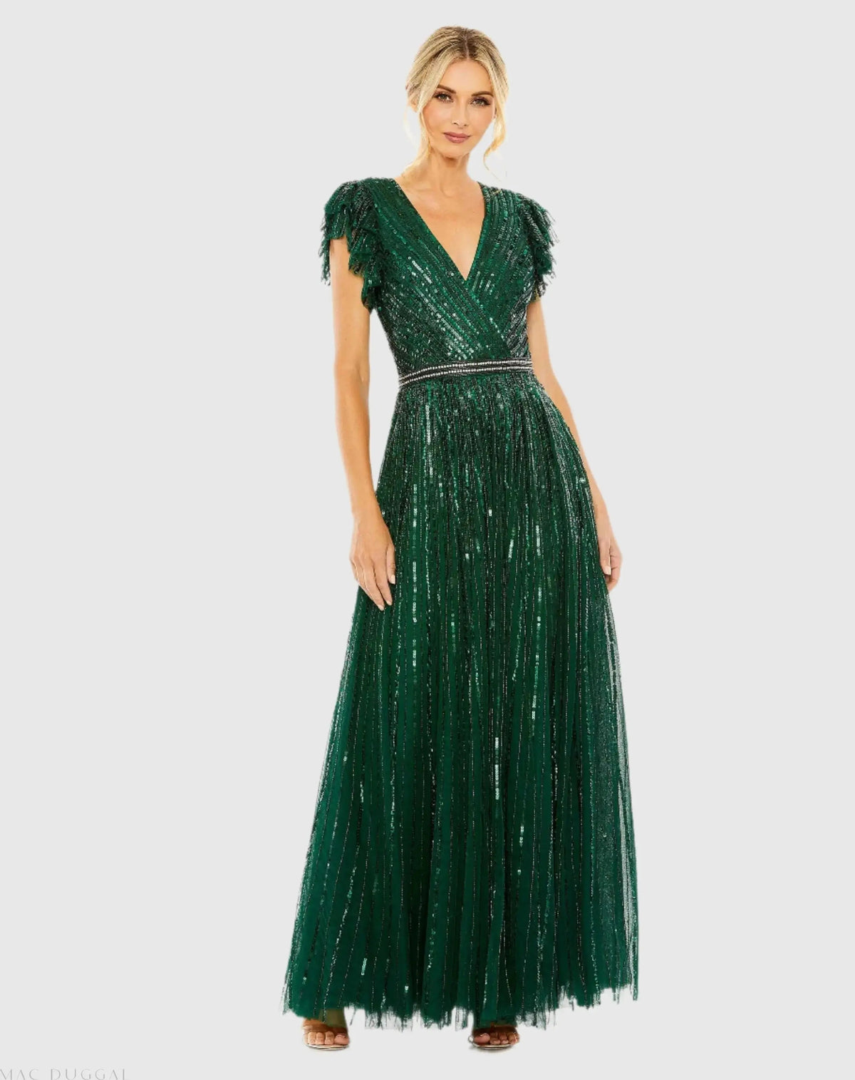 Dark Green Sequined Wrap Over Ruffled Cap Sleeve Gown