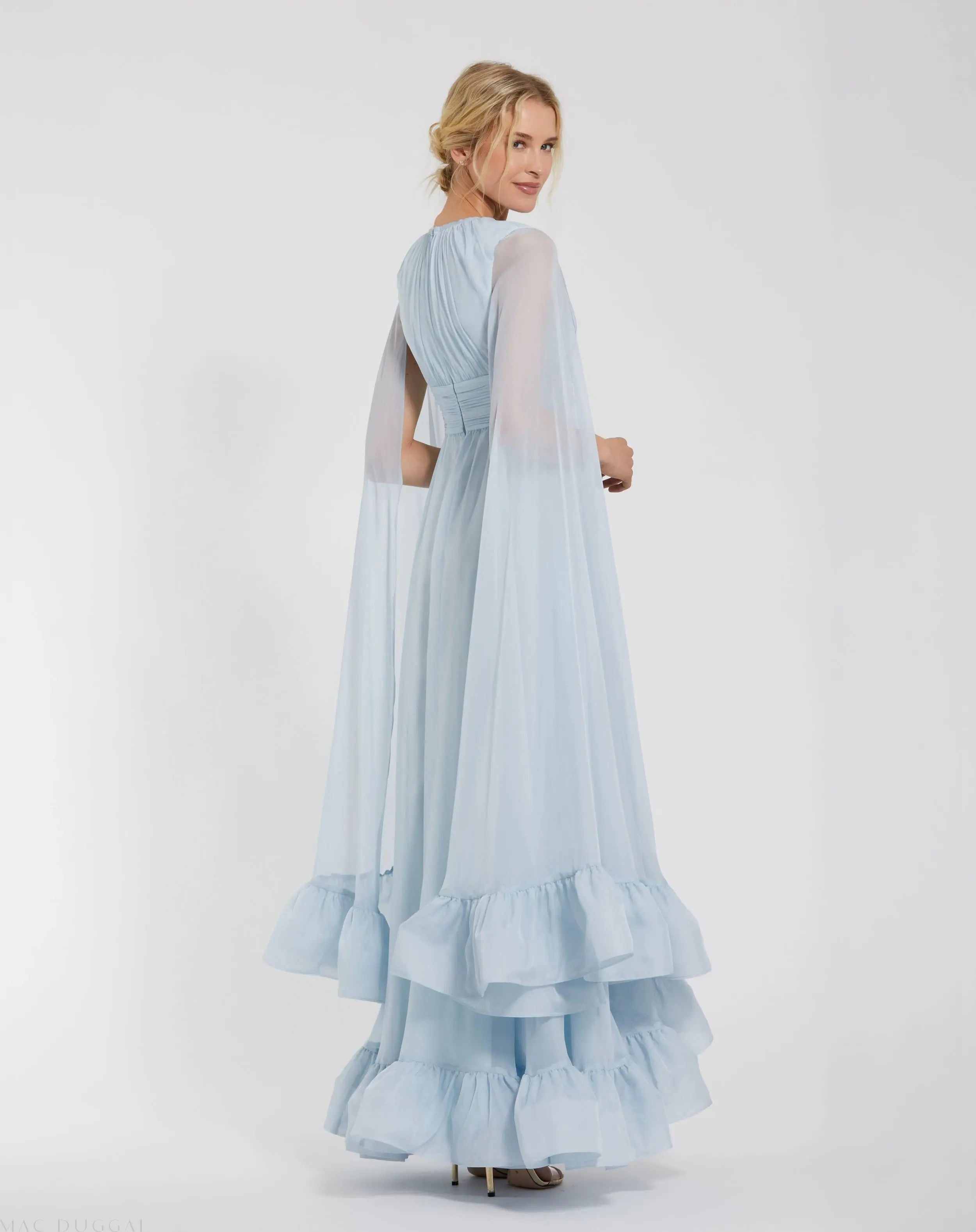 Blue Chiffon Cape Sleeve Ankle-Length Dress With Keyhole