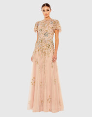 Pink Embellished Butterfly Sleeve High Neck Gown