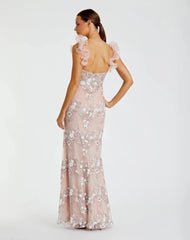 Pink Embroidered Floral Column Gown with Ruffle Straps