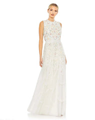 Embroidered High Neck Sleeveless Ruffled Gown
