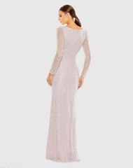 Purple Sequined Faux Wrap Long Sleeve Gown