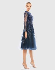 Navy Embellished Tea-Length Illusion Cocktail Dress