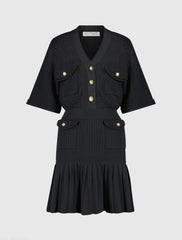 Black Short Sleeve Gold Button Front Crochet Knit Dress with Pleated Hem - FINAL SALE
