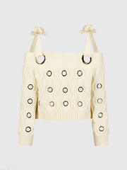 Ivory Chunky Knit Off The Shoulder Grommet Cropped Sweater - FINAL SALE