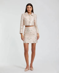 Pink Pearl Button Brocade Cropped Jacket