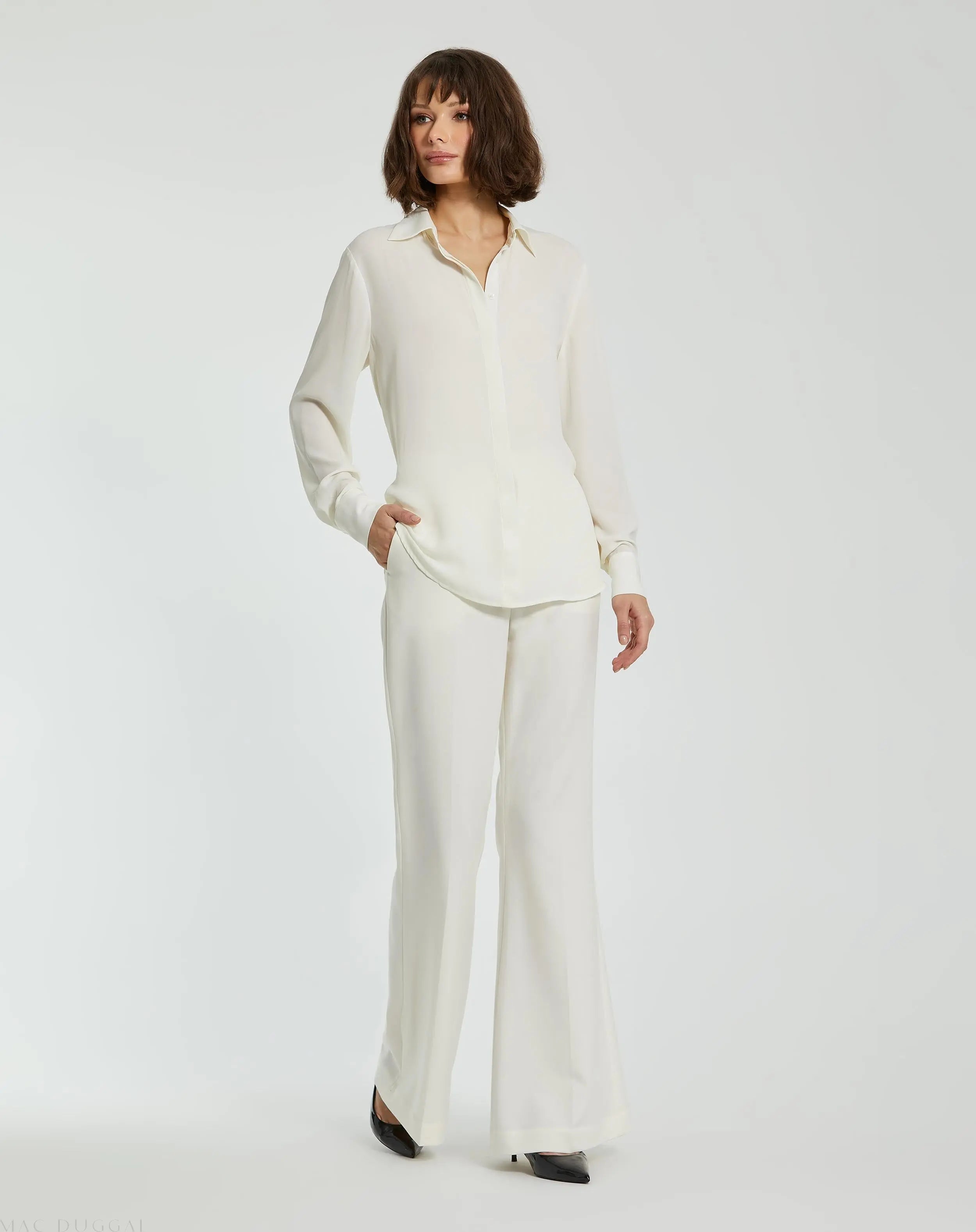 The Bentley White Long Sleeve Button Up Georgette Blouse - FINAL SALE